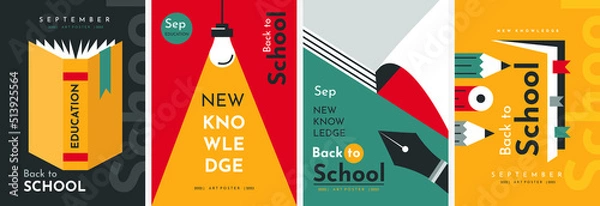 Fototapeta Educational posters. Back to School. Books, notebook, light bulb, fountain pen, pencils. Elements and objects on school themes, simple flat background. 
