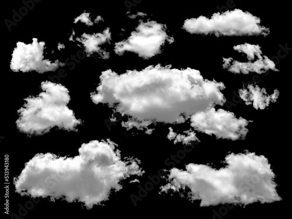 Fototapeta fluffy white clouds elements set, isolated on black background.