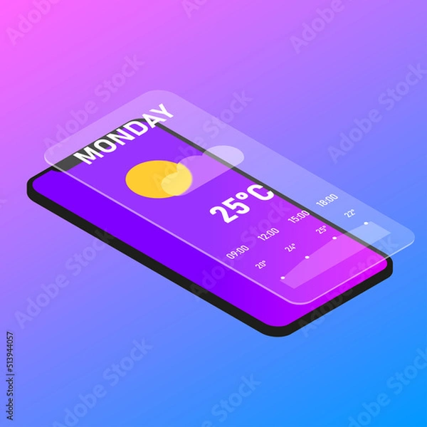 Fototapeta Web page of the application Weather for phone in isometry. Weather for every day in the phone. Glassmorphic effect, blur, frosted glass