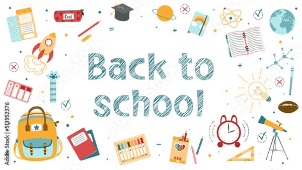 Fototapeta  Background for school, school theme, school doodles, inscription in a notebook, training, lessons, time for training, Set of school tools, set of education icons, back to school