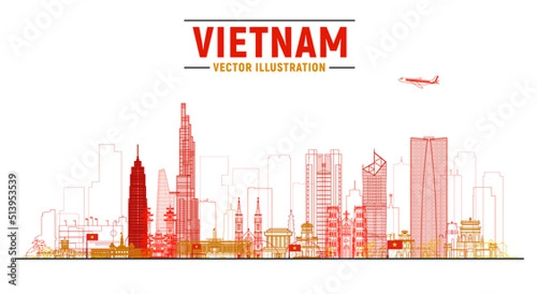 Obraz Vietnam (Ho Chi Minh, Hanoi and other) skyline with panorama at sky background. Vector Illustration. Business travel and tourism concept with modern buildings. Image for banner or web site.