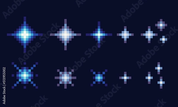 Fototapeta Stars, glitter,sparkles. Starry sky pixel art set. Space shining object collection. 8 bit sprite. Game development, mobile app.  Isolated vector illustration.