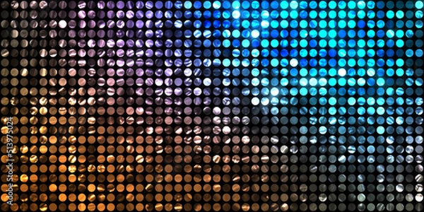 Fototapeta Shining lights party leds on black background. Digital illustration of stage or stadium spotlights. Glowing pattern wallpaper. Glamour background of colorful lights with spotlights.