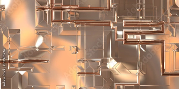 Fototapeta Glossy satin finish surface technology 3D pattern. Metallic panel texture with luxurious reflection. Polished geometric metal reflective futuristic material for background, wallpaper, spaceship hull.