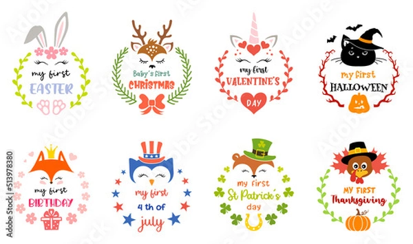 Obraz Kids illustration with cute baby animals for all the first holidays in a baby's life. Holiday symbols for children. Set of vector girly designs. Faces of unicorns with the inscription my first holiday