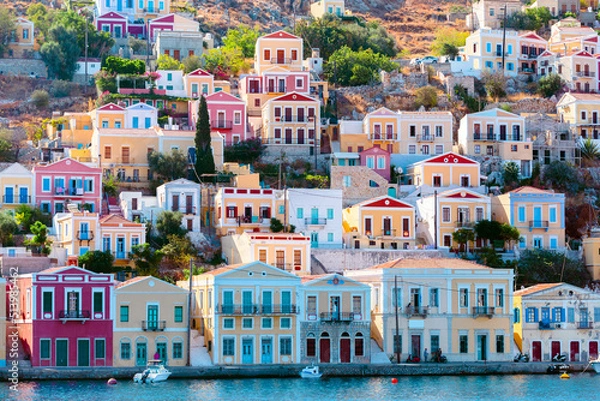 Obraz View of traditional colorful houses on Symi island, Greece, Dodecanese