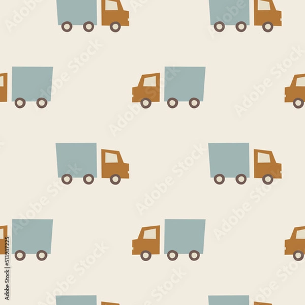 Fototapeta Cute cartoon truck seamless pattern. Bohemian baby print. Kids design of fabric, packaging, wallpaper. Vector illustration with a Boho style vehicle. Wall art nursery