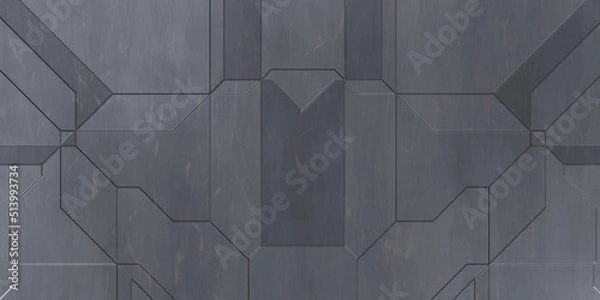 Fototapeta Futuristic conceptual design background. Spaceship texture wallpaper. Brushed technology pattern surface. 3D illustration. Symmetrical SciFi panels wall.