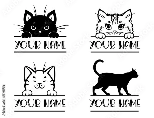 Obraz Peeking face cat. Set of cat monogram with space for text. Cat lover design. Cat name sign.