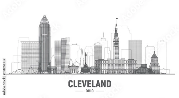 Fototapeta Cleveland Ohio (USA) line skyline with panorama in white background. Vector Illustration. Business travel and tourism concept with modern buildings. Image for banner or web site