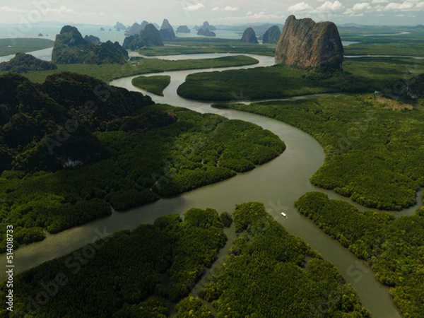 Obraz Aerial view of a swerving river through a series of limestones in Phang Nga Bay