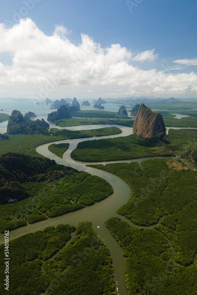 Obraz Aerial view of a swerving river through a series of limestones in Phang Nga Bay