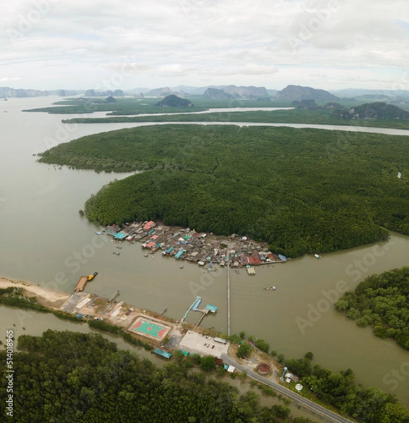Obraz Aerial view of a small fishing town in the mangrove jungle