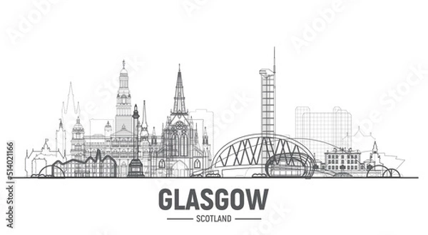 Fototapeta Glasgow Scotland UK line city on white background Vector Illustration Business travel and tourism concept with modern buildings Image for banner or web site
