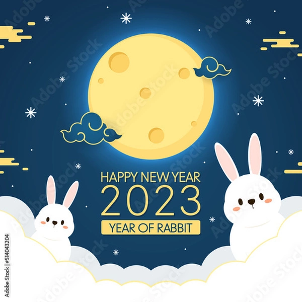Fototapeta Happy Chinese new year greeting card 2023. Chinese traditional zodiac . the year of rabbit (Translation: Auspicious Year of the Rabbit, good fortune year)