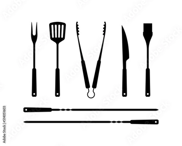 Fototapeta BBQ Tool Set Grill Accessories Spatula Fork Brush Tongs Knife Skewers Grilling Kit Barbecue