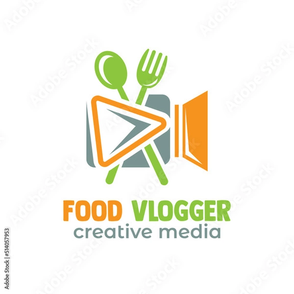 Fototapeta Food Vlogger Logo Design with Spoon Fork and Video Recorder Symbol Combination.