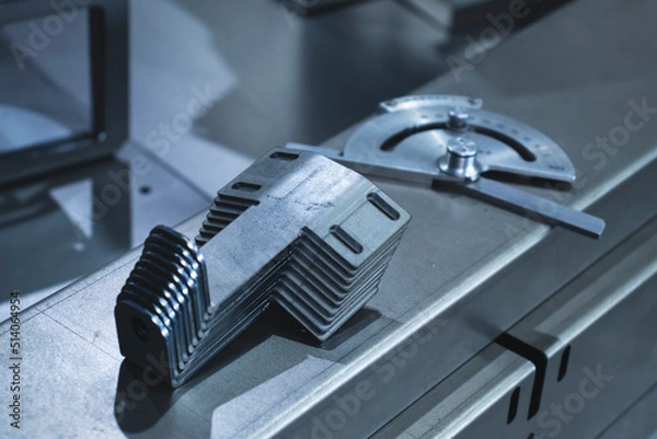 Fototapeta Metalworking parts on a bending machine, close-up