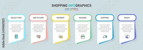Fototapeta Concept of shopping process with 6 successive steps. Six colorful graphic elements. Timeline design for brochure, presentation, web site. Infographic design layout.