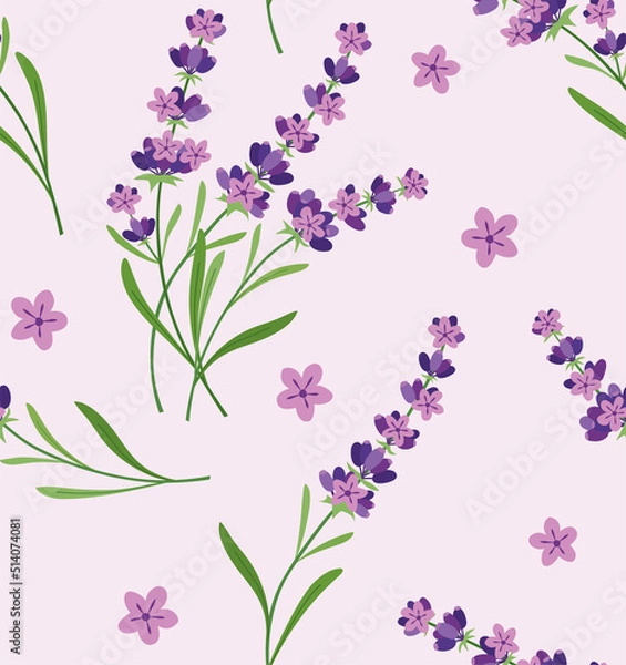 Obraz Seamless pattern with Lavender flowers and blossom. Original, hand-drawn background. Floral pattern ideal for fabric, packaging, or wallpaper. Flower Lavandula Lavender. Summer herb pattern.