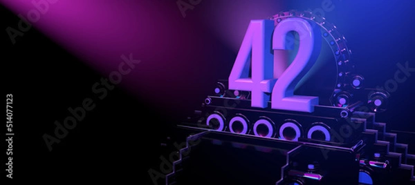 Fototapeta Solid number 42 on a reflective black stage illuminated with blue and red lights against a black background. 3D Illustration