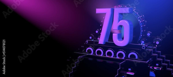 Fototapeta Solid number 75 on a reflective black stage illuminated with blue and red lights against a black background. 3D Illustration