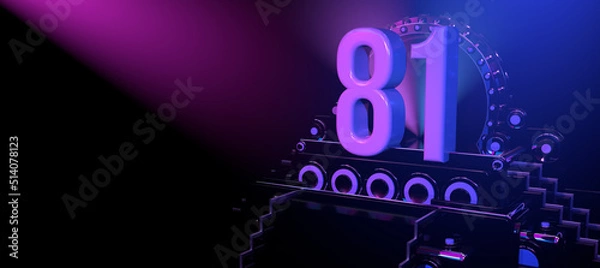 Fototapeta Solid number 81 on a reflective black stage illuminated with blue and red lights against a black background. 3D Illustration