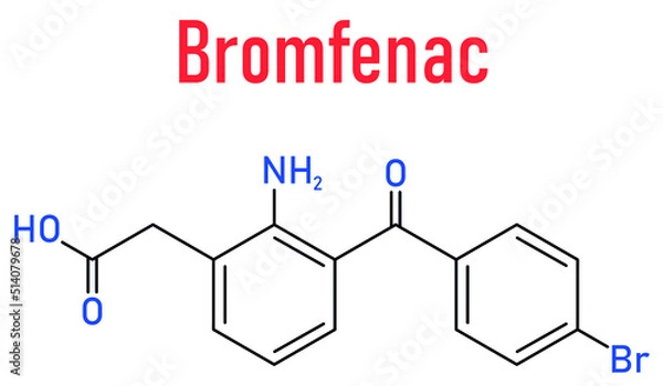 Fototapeta Skeletal formula of Bromfenac NSAID eye drop drug molecule.