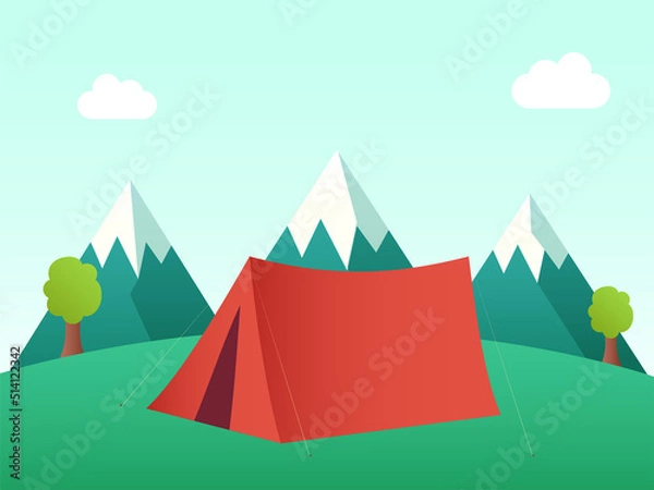 Obraz Red Camping Tent With Mountains And Trees On Green Background.