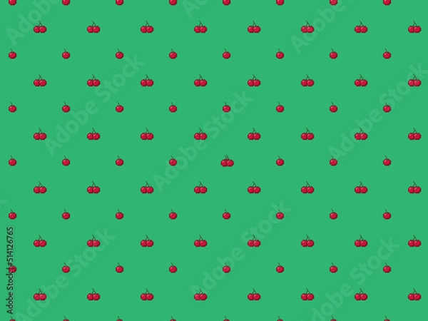 Fototapeta Pixel red cherry on green background - high res 8 bit seamless pattern