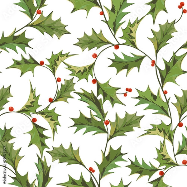 Fototapeta Beautiful vector seamless pattern with hand drawn winter symbol holly branch with green leaves and red berries. Merry christmas celebration clip art.