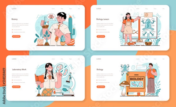Fototapeta Biology school subject web banner or landing page set. Students exploring