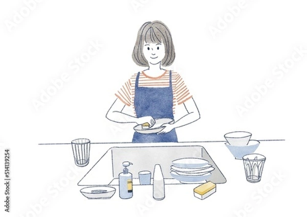 Obraz 皿洗いをする女性のイラスト