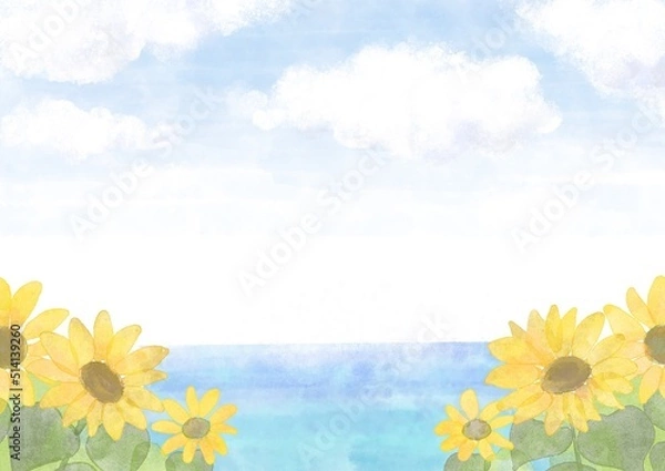 Fototapeta 海と青空のひまわりの背景イラスト