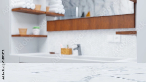 Fototapeta 3D illustration of a bathroom with a blurry background and a marble counter top in front for product placement