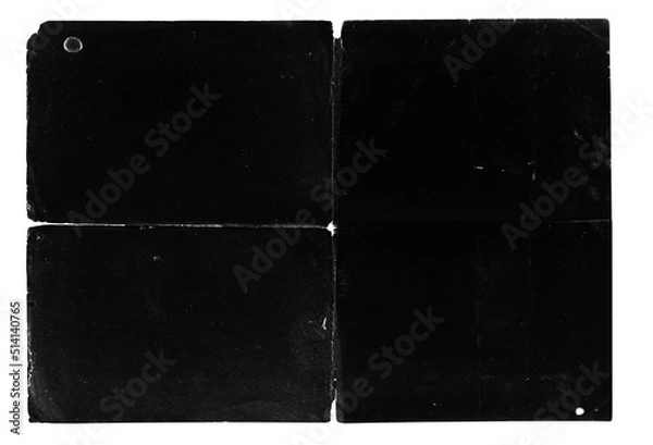 Obraz Texture of old crumpled paper with jagged torn edges, stains, scuffs and holes, old black overlay texture, crumpled dirty paper with fold lines