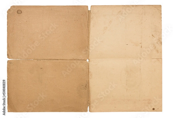 Obraz Texture of old shabby yellowed folded paper isolated on white background, crumpled vintage paper with smudges isolated on white background