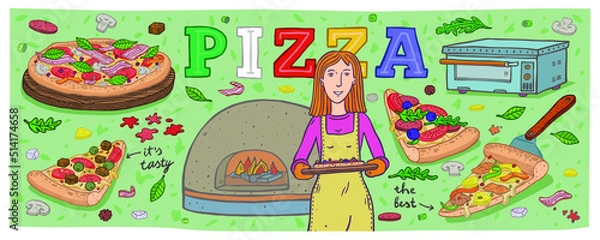 Fototapeta Big vector set of pizza, cook, restaurant, pizza oven. Hand drawn sketches. Isolated objects