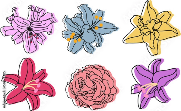 Fototapeta Collection of minimalist vector drawing of pink flower. Floral illustration. Line drawing. Decorative element for cards, invitations, posters, stationery.