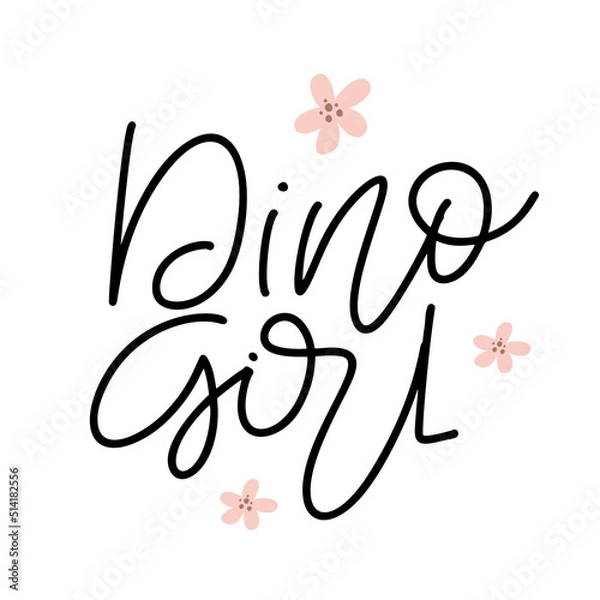 Fototapeta Vector hand drawn monoline text Dino Girl with flowers. Scandinavian funny doodle, cartoon dinosaur. Good for poster, t-shirt textile graphic design. baby illustration