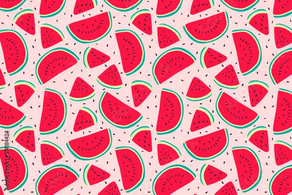 Fototapeta Vector hand drawn watermelons pattern horizontal background. Cute summer fresh fruits print. Watermelon red slices and seeds repeat texture on pink background for wallpaper, design, decor.