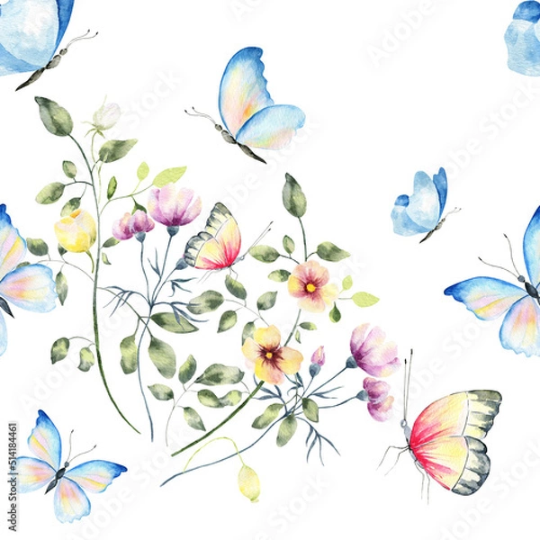 Obraz Hand drawn watercolor seamless pattern of bright colorful realistic butterflies and flowers .Mixed media