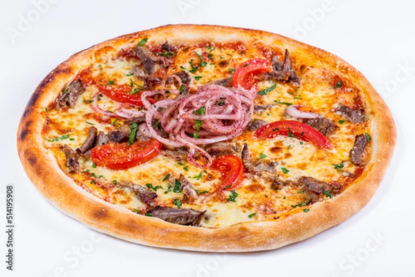 Fototapeta Pizza with tomatoes, cheese, meat, onions, dill and sauce