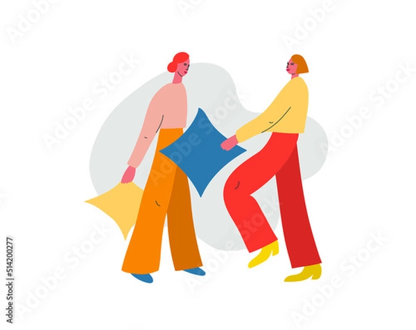 Fototapeta Colorful vector illustration with girls. Depiction of two young women with a shapes on the background. Pillow fight. For cards, posters, stationery.