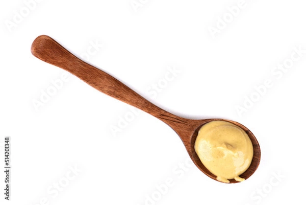 Obraz High angle view of wooden spoon with Dijon mustard isolated on white background.