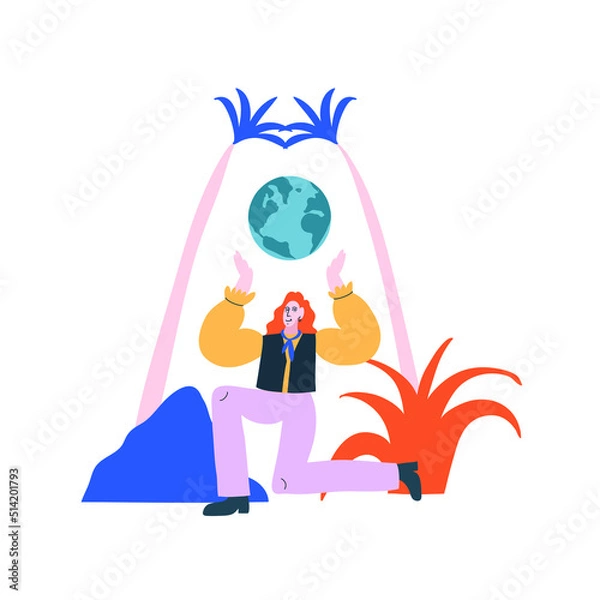 Fototapeta Colorful vector illustration on the theme of nature conservation and sustainability. Depiction of a girl among plants with planet symbol. Global warming, ecology, sustainable consumption.