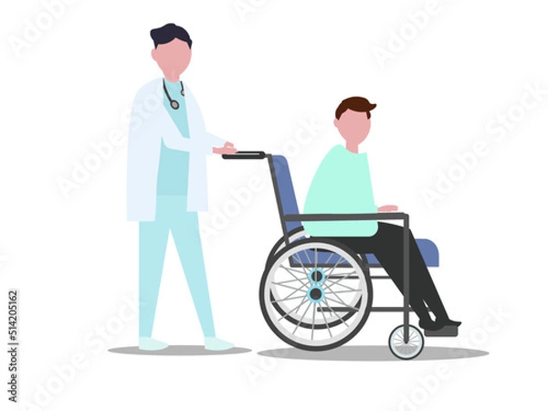 Fototapeta 車椅子を押す白衣を着た医者 患者 治療 病院 ベクターイラスト