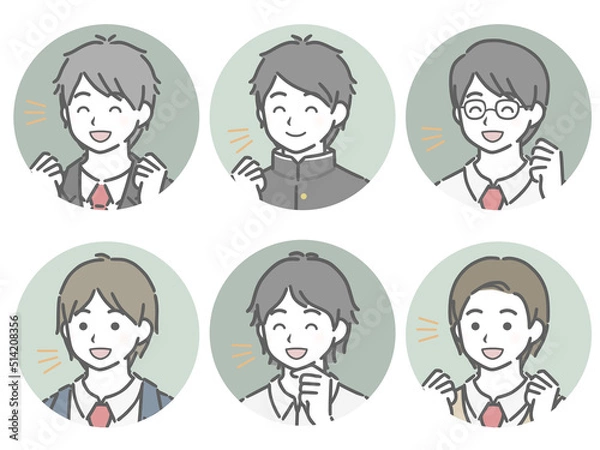 Fototapeta 喜ぶ男子学生の斜め向き丸アイコンセット