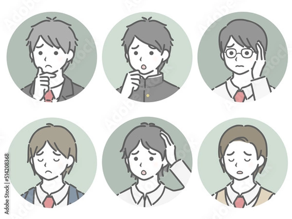 Fototapeta 困る男子学生の斜め向き丸アイコンセット