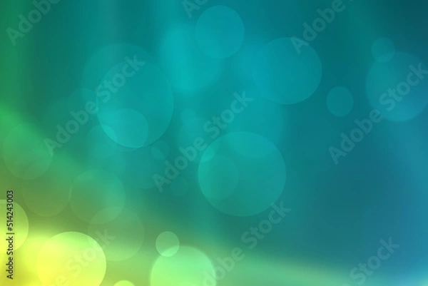 Obraz Abstract gradient light blue turquoise yellow green shiny blurred background texture with circular bokeh lights. Beautiful fresh backdrop. Space for design.